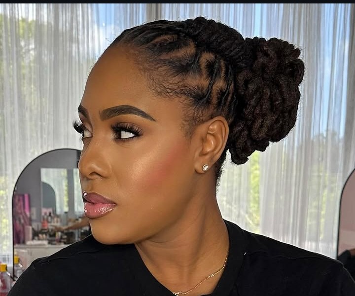 Bronzed glam with soft blush and glossy lip